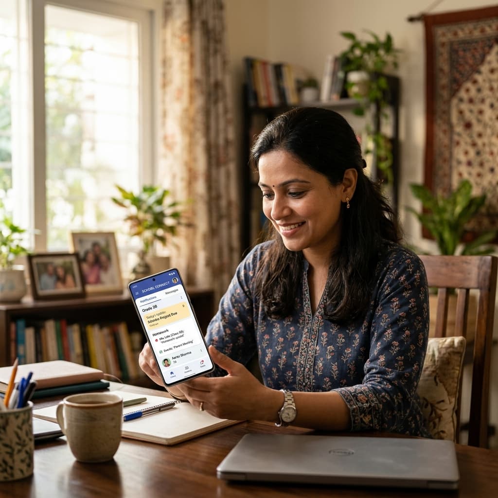 A parent checking a school communication app or portal on a phone