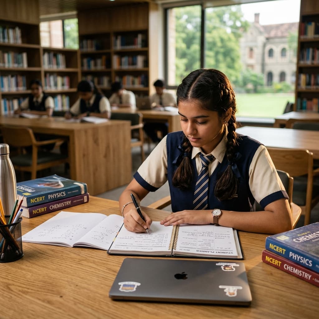 A student using a planner or organizing study materials at a desk