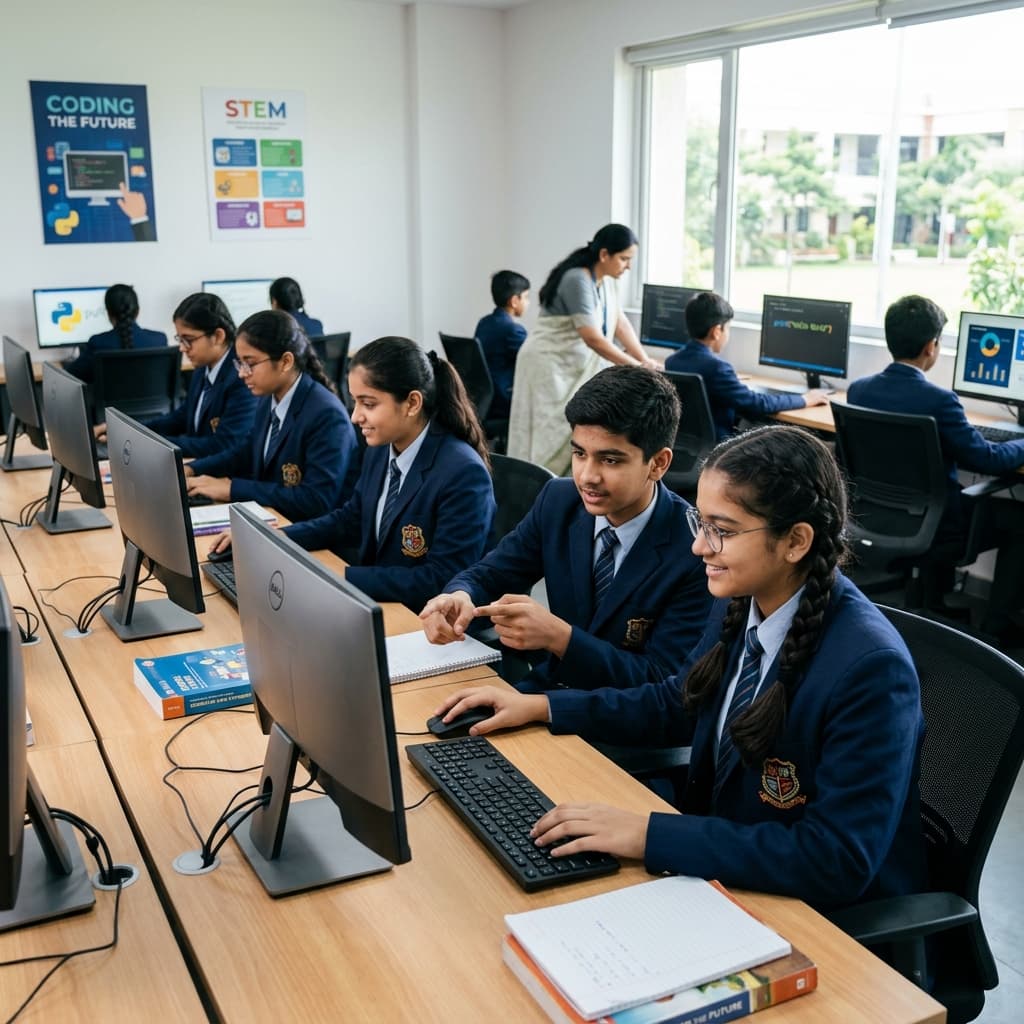 Students working on computers or engaged in a digital learning session