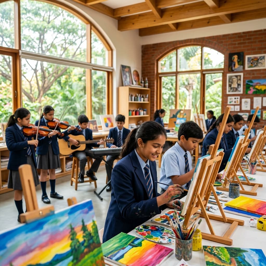 Students engaged in art class or a music/instrument session