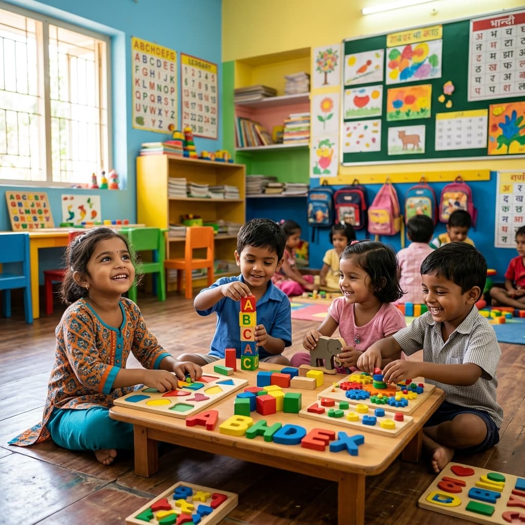 Young children engaged in play-based learning in a bright, colourful classroom