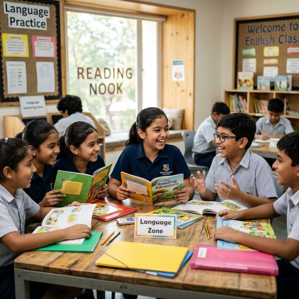 Students in a language class engaged in reading or conversation practice