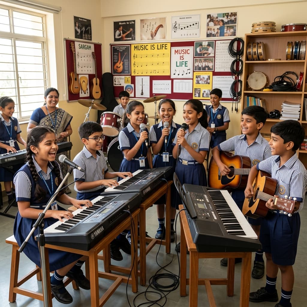 Students learning music at Malla Reddy School Medchal — benefits of music education