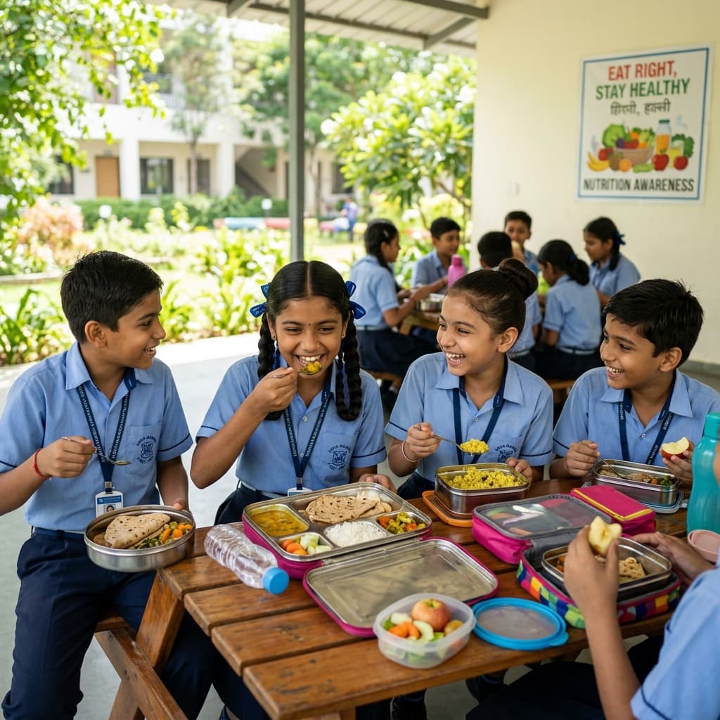 Students during a healthy meal break or a nutrition awareness activity