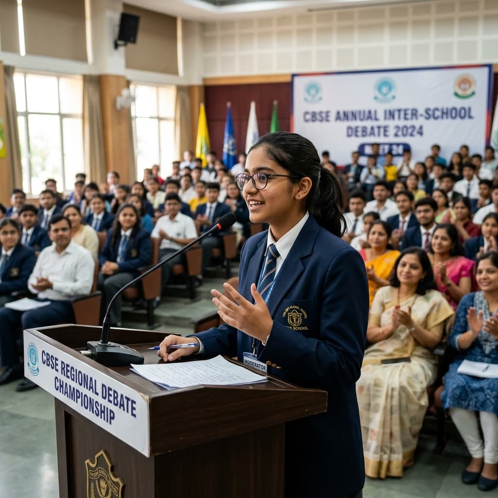 A student speaking at a podium or participating in a school debate competition