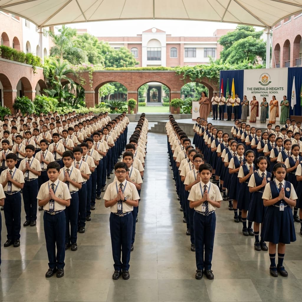Students following an orderly classroom routine or morning assembly