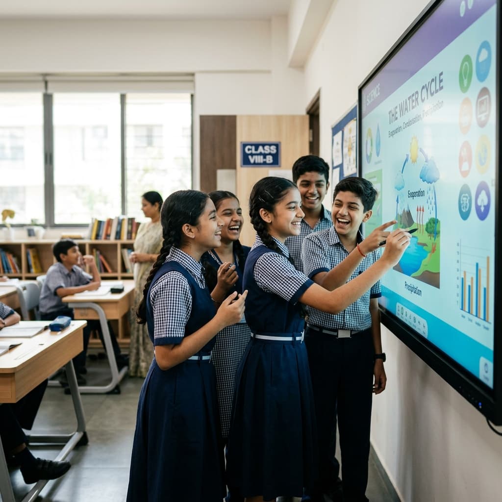A teacher engaging closely with a small group of students in a classroom setting